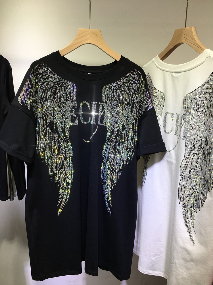 Streetwear Brand Tees - L-4XL Oversize Rhinestone Angel Wings Harley